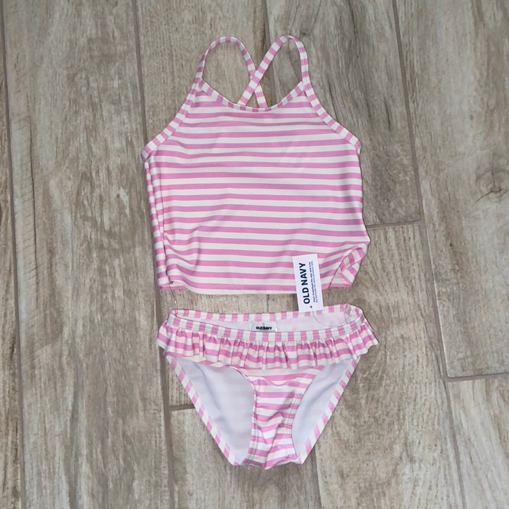 Old Navy 3T 2 Piece Pink White Strip Ruffle Bottoms Swim Suit